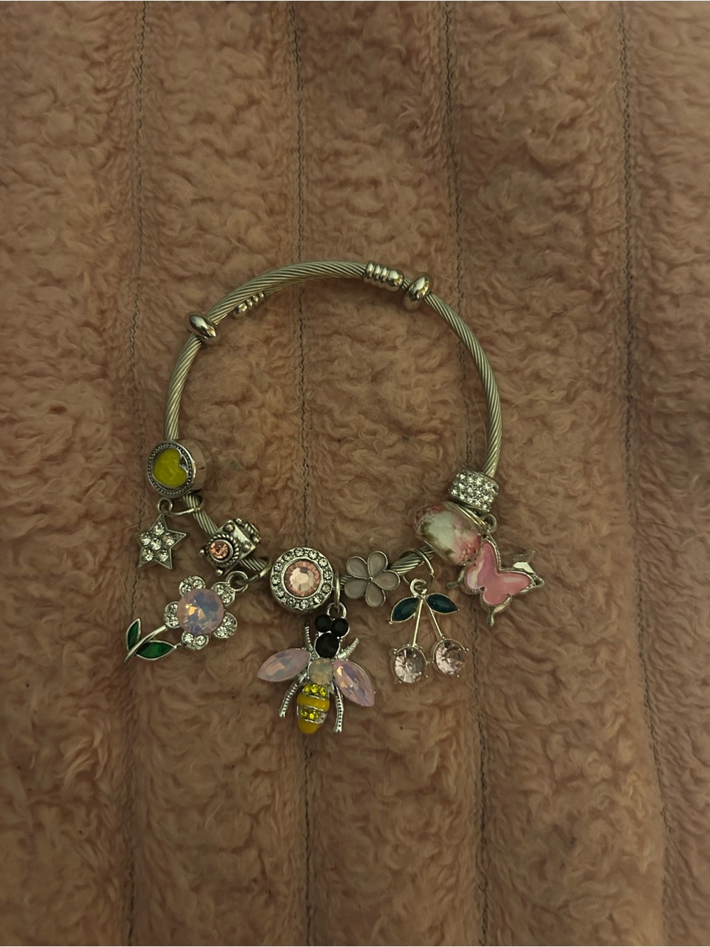 Silver Charm Bangle Bracelet with Yellow & Pink Accents